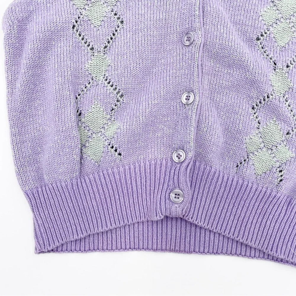 Vintage 90s Y2K Preppy Liz Golf Pastel Purple Green Argyle Knit Sweater Vest - Picture 5 of 8